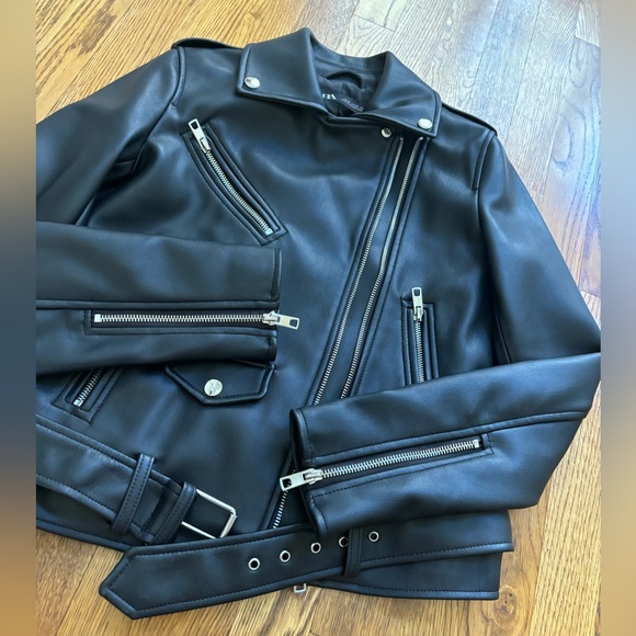 Zara vegan leather black belted biker jacket sz. XS - Picture 6 of 16